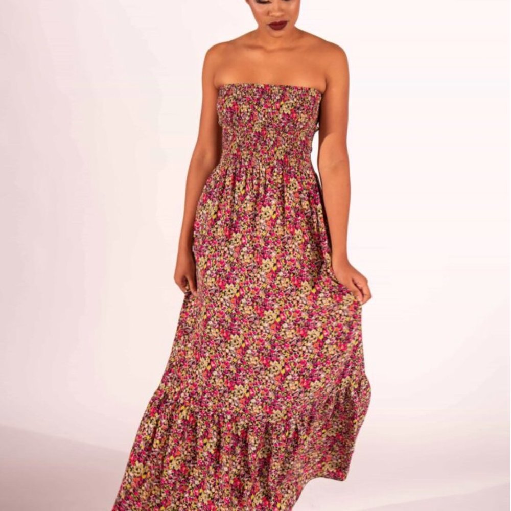EUC Silk Parker Strapless Floral Maxi Size M